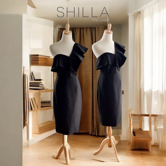 Shilla the Label Classic Lines Ruffle One Shoulder Sheath Ruffle Black Satiny Dr - Picture 1 of 10
